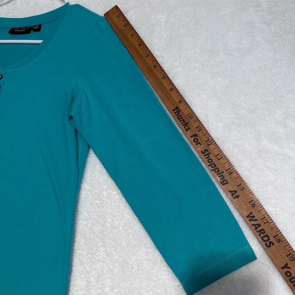 Susan Graver Brand Weekend Teal Henley Top 3/4 Sleeve Rhinestone Buttons XXS - Picture 7 of 8